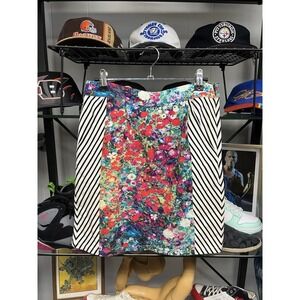 Tabitha Floral Art Deco Color Block Striped High Rise Business Casual Skirt 0